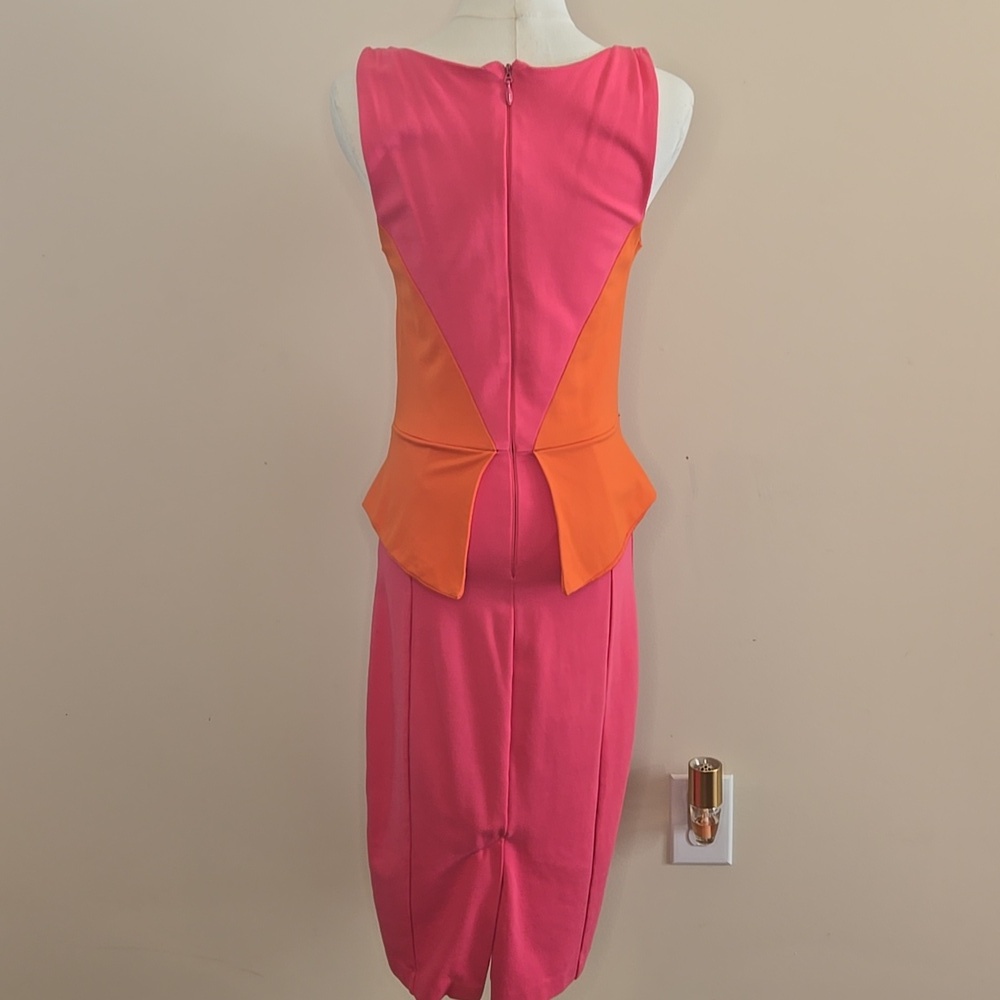 Bebe Pink & Orange Colorblock Peplum Midi Dress – Bold Bodycon Small - Picture 4 of 5